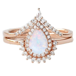 Sterling Silver with Rose Gold Plated Pear Shaped Opal Personalized Engraving & Couple Engagement Ring-6