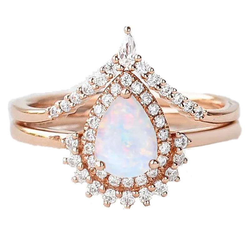 Sterling Silver with Rose Gold Plated Pear Shaped Opal Personalized Engraving & Couple Engagement Ring