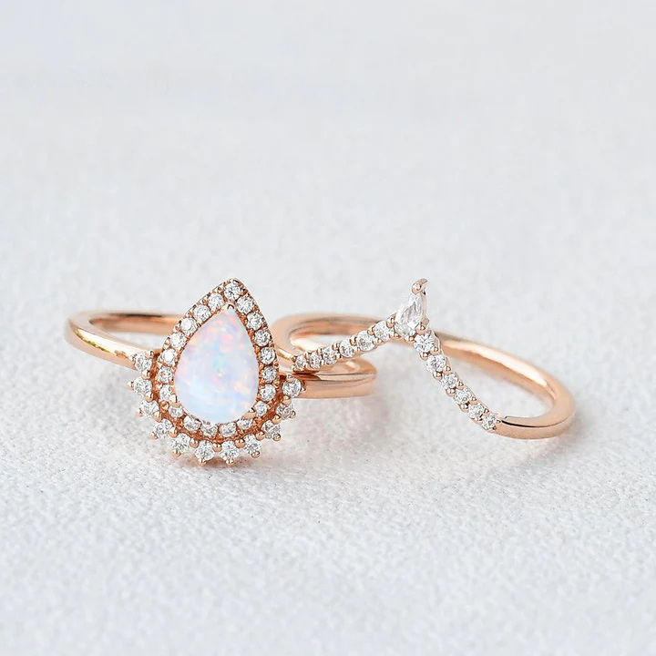 Sterling Silver with Rose Gold Plated Pear Shaped Opal Personalized Engraving & Couple Engagement Ring-2