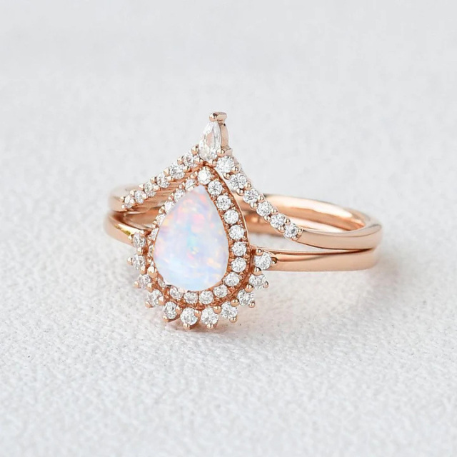 Sterling Silver with Rose Gold Plated Pear Shaped Opal Personalized Engraving & Couple Engagement Ring-3