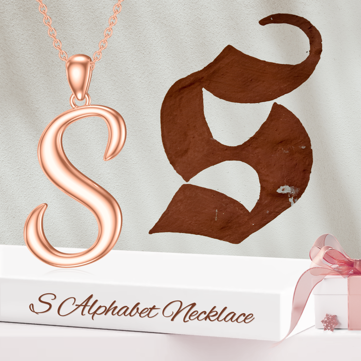 Sterling Silver with Rose Gold Plated Pendant Necklace with Initial Letter S-6