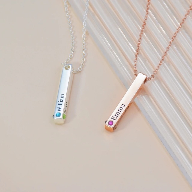 Sterling Silver with Rose Gold Plated Personalized Birthstone & Personalized Classic Name & Bar Pendant Necklace-2