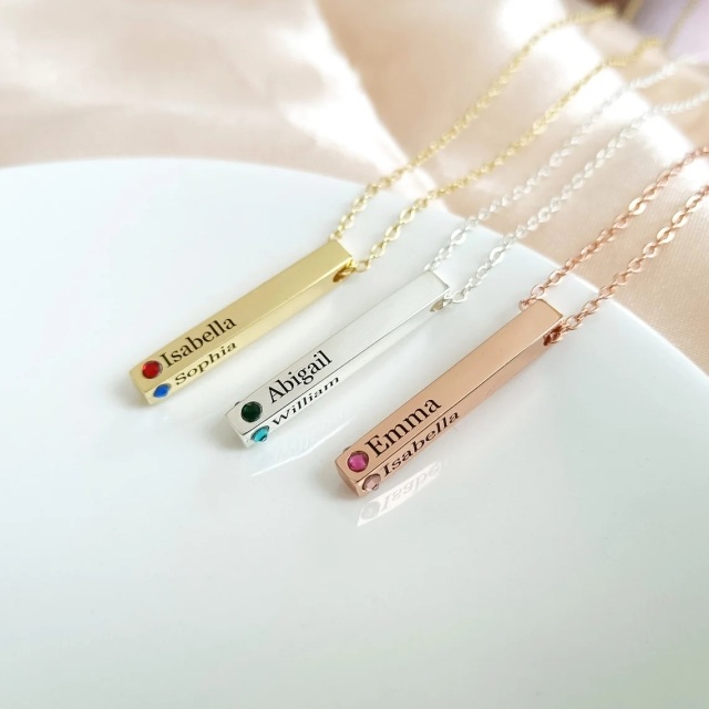 Sterling Silver with Rose Gold Plated Personalized Birthstone & Personalized Classic Name & Bar Pendant Necklace-3