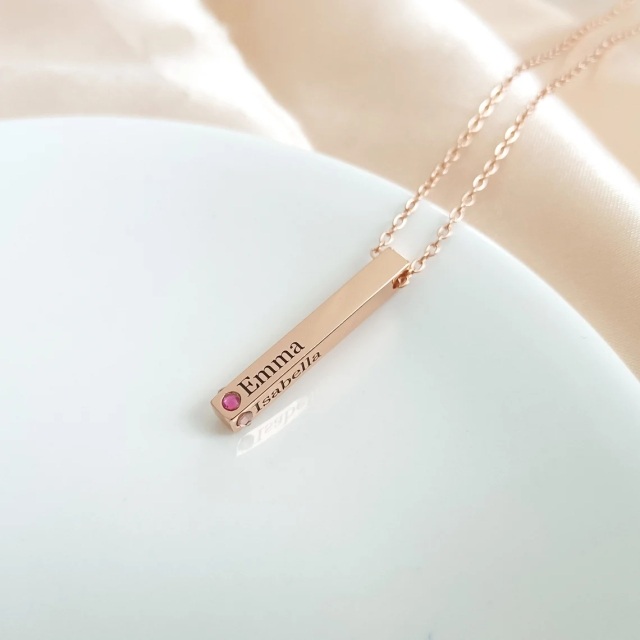 Collana con ciondolo a barra con nome classico personalizzato in argento sterling placcato in oro rosa con pietra portafortuna personalizzata-4