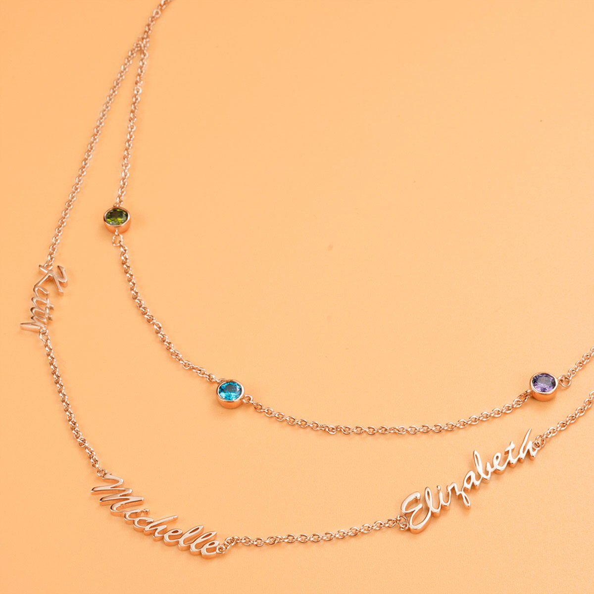 Sterling Silver with Rose Gold Plated Personalized Birthstone & Personalized Classic Name Layered Necklace-3