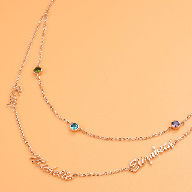 Sterling Silver with Rose Gold Plated Personalized Birthstone & Personalized Classic Name Layered Necklace-3