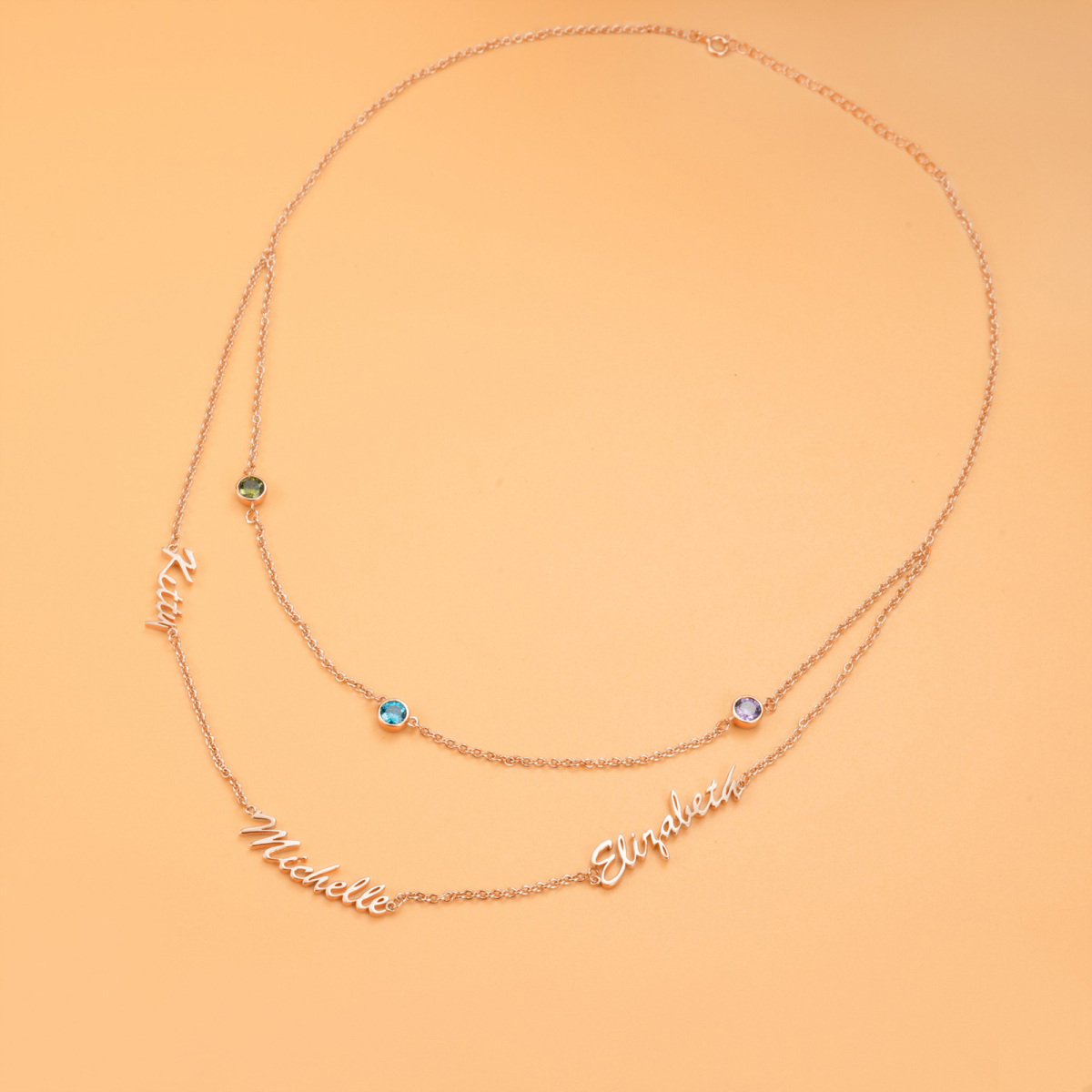 Sterling Silver with Rose Gold Plated Personalized Birthstone & Personalized Classic Name Layered Necklace-4