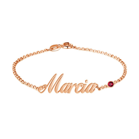 Armband aus Sterlingsilber mit rosévergoldetem, personalisiertem Geburtsstein und personalisiertem, klassischem Namensanhänger