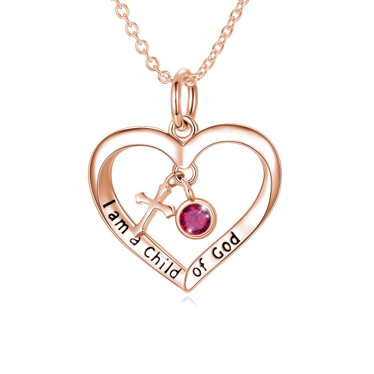 Sterling Silver with Rose Gold Plated Personalized Birthstone & Cross & Heart Pendant Necklace with Engraved Word