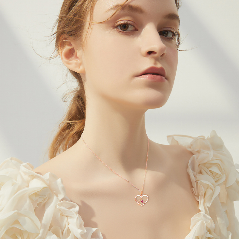 Sterling Silver with Rose Gold Plated Personalized Birthstone & Cross & Heart Pendant Necklace with Engraved Word-2