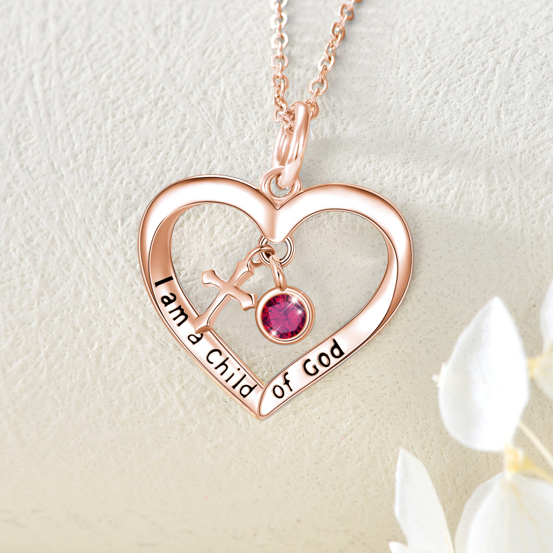Sterling Silver with Rose Gold Plated Personalized Birthstone & Cross & Heart Pendant Necklace with Engraved Word-3