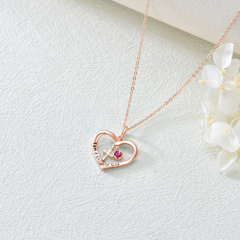 Sterling Silver with Rose Gold Plated Personalized Birthstone & Cross & Heart Pendant Necklace with Engraved Word-4