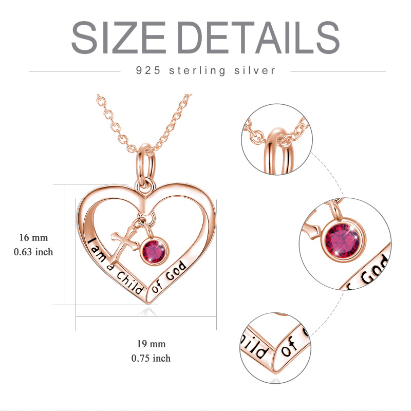 Sterling Silver with Rose Gold Plated Personalized Birthstone & Cross & Heart Pendant Necklace with Engraved Word-5