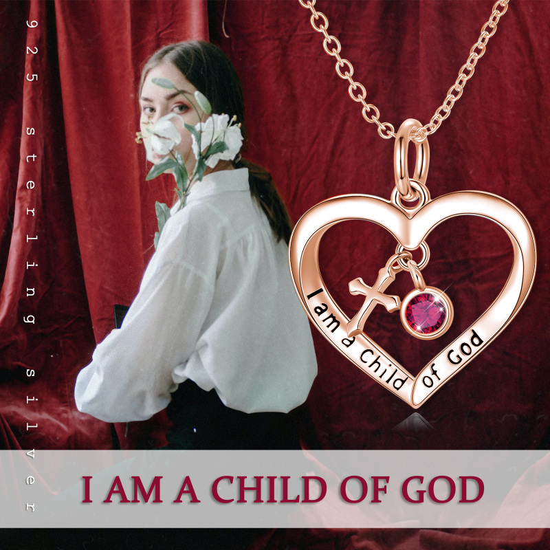 Sterling Silver with Rose Gold Plated Personalized Birthstone & Cross & Heart Pendant Necklace with Engraved Word-6