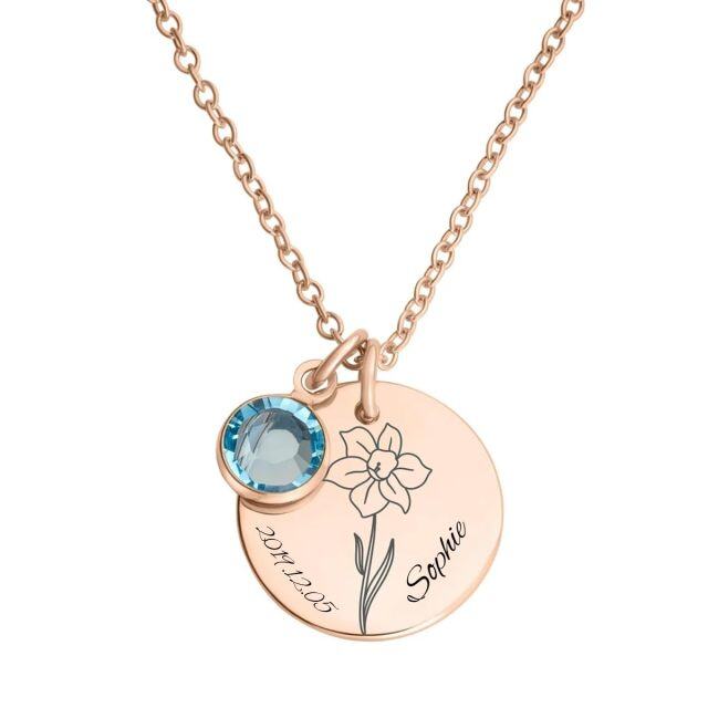 Sterling Silver with Rose Gold Plated Cubic Zirconia & Personalized Birthstone & Personalized Engraving Birth Flower Pendant Necklace-1