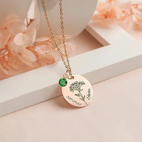 Sterling Silver With Rose Gold Plated Cubic Zirconia & Personalized Birthstone Engraving Birth Flower Pendant Necklace For Women Mom-2