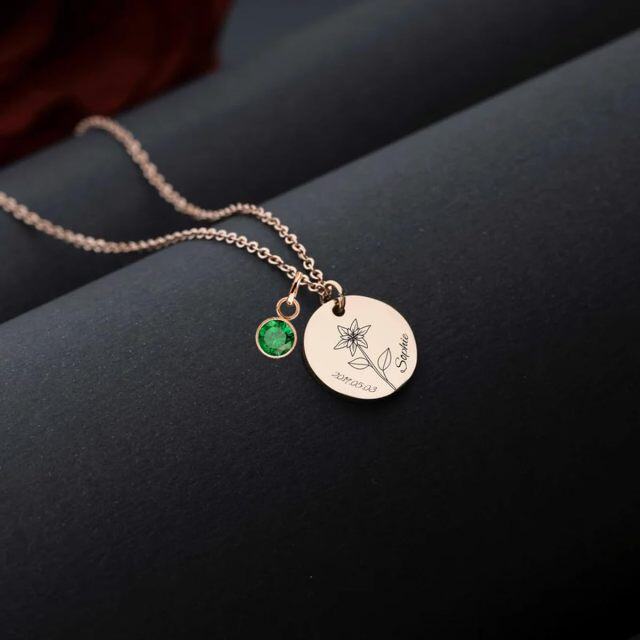 Collana con ciondolo fiore di nascita in argento sterling placcato oro rosa con pietra portafortuna personalizzata con incisione personalizzata-3