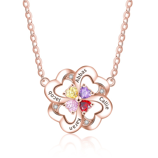 14K Rose Gold Cubic Zirconia Personalised Birthstone Engraving Four Leaf Clover Pendant Necklace For Women