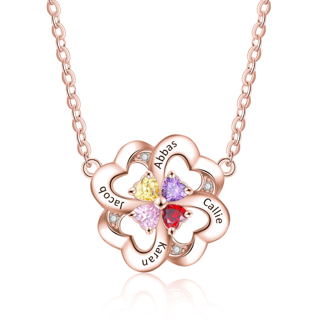 Sterling Silver with Rose Gold Plated Cubic Zirconia & Personalized Birthstone & Personalized Engraving Four Leaf Clover Pendant Necklace-1