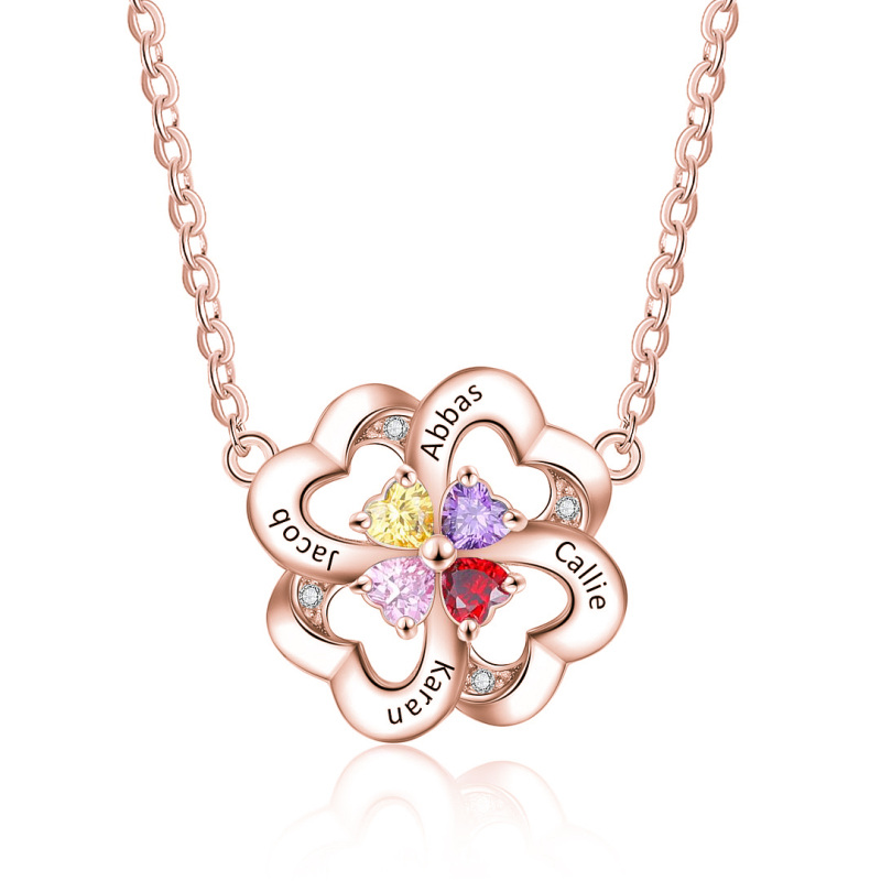 10K roségouden hanger met kubieke zirkonia, gepersonaliseerde geboortesteengravure en klavertjevierhanger voor vrouwen-5