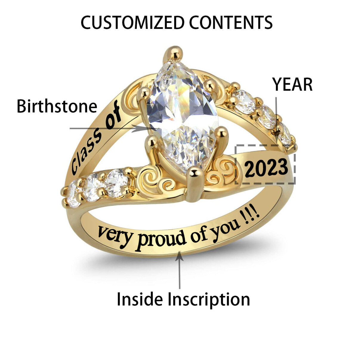 Sterling Silver with Rose Gold Plated Cubic Zirconia Personalized Birthstone & Personalized Engraving Ring with Engraved Word-2