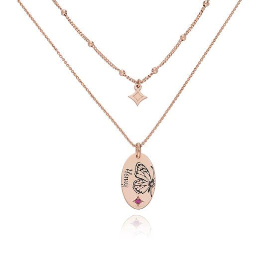 Sterling Silver Rose Gold Plated Personalized Birthstone Name Butterfly Layered Necklace