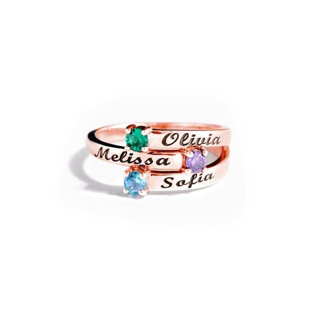 Sterling Silver with Rose Gold Plated Cubic Zirconia Personalized Birthstone Name Ring