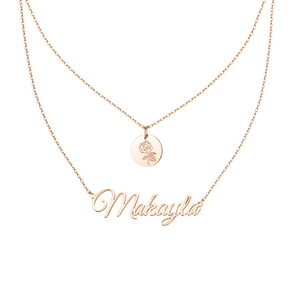 Sterling Silver with Rose Gold Plated & Personalized Classic Name Birth Flower Layered Necklace-1