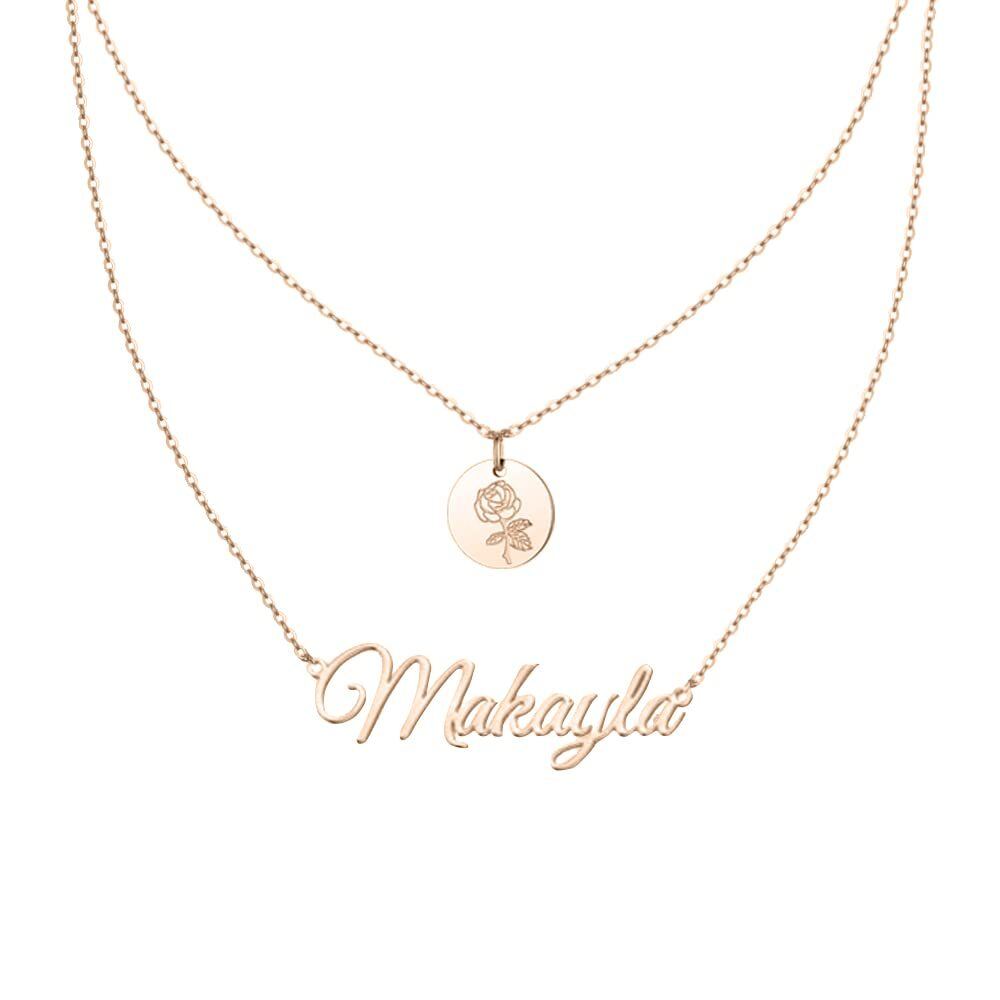 Sterling Silver with Rose Gold Plated & Personalized Classic Name Birth Flower Layered Necklace-2