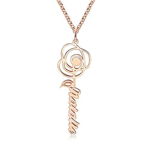 Sterling Silver with Rose Gold Plated & Personalized Classic Name Birth Flower Pendant Necklace-1