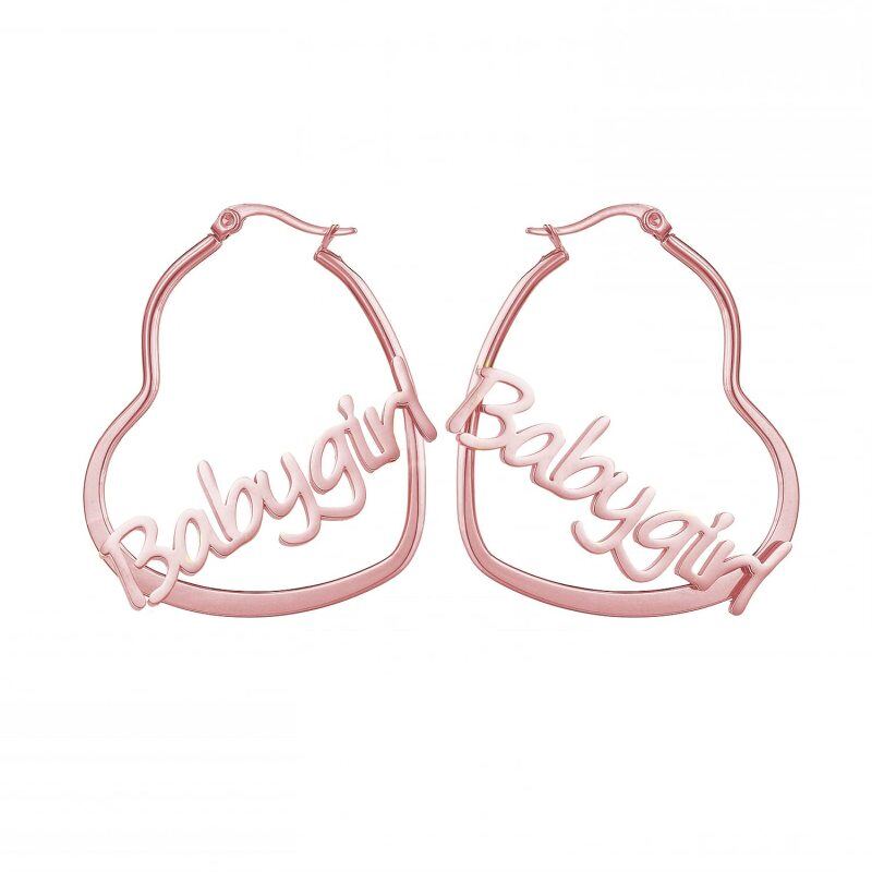 Orecchini a cerchio a cuore personalizzati con nome classico placcato in oro rosa in argento sterling