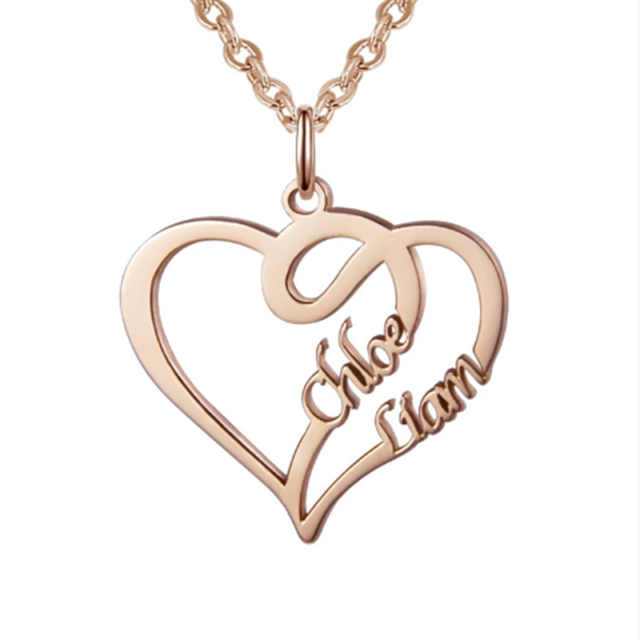 Plata de ley con baño de oro rosa personalizado clásico nombre y corazón colgante collar