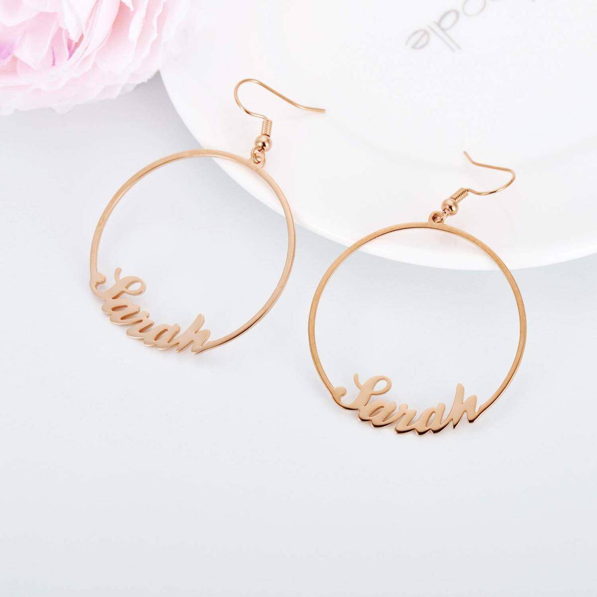 Sterling Silver with Rose Gold Plated Personalized Classic Name Hoop Earrings-3