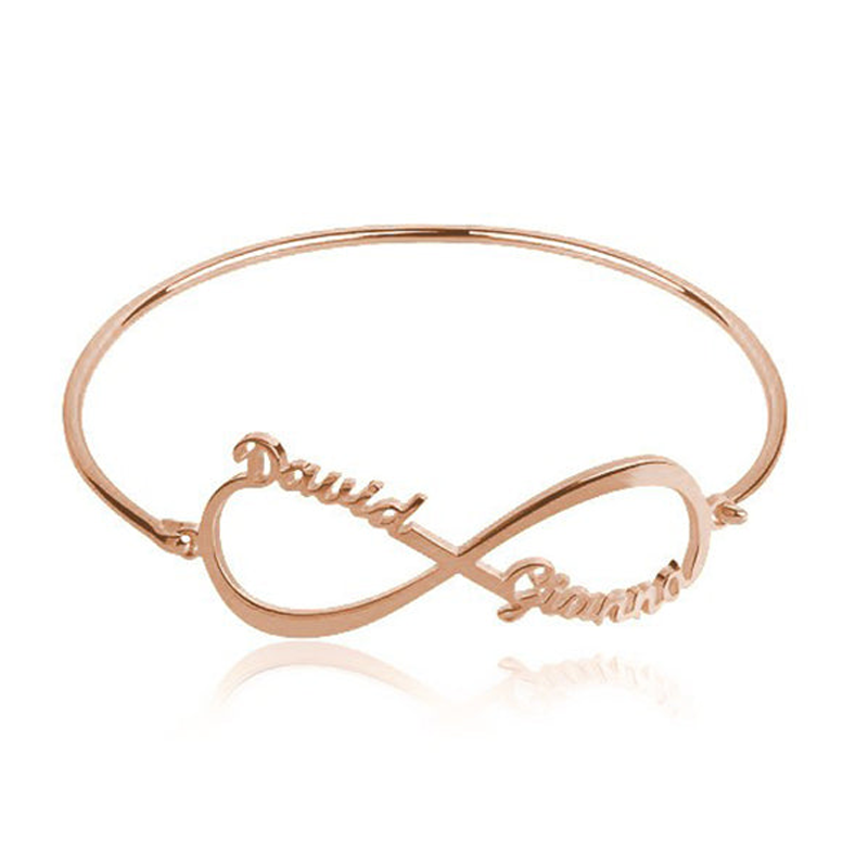 Sterling Silver with Rose Gold Plated Personalized Classic Name Pendant Bangle Bracelet-1