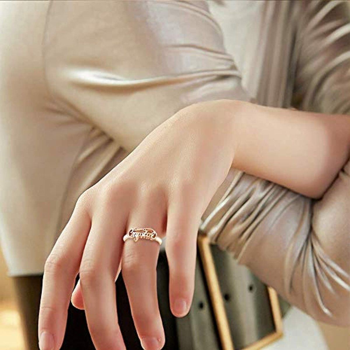 Bague en argent sterling avec nom classique personnalisé plaqué or rose pour femme-2