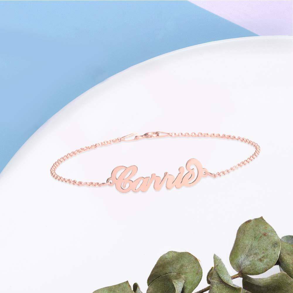 Sterling Silver with Rose Gold Plated Personalized Classic Name Single Layer Charm Anklet-3