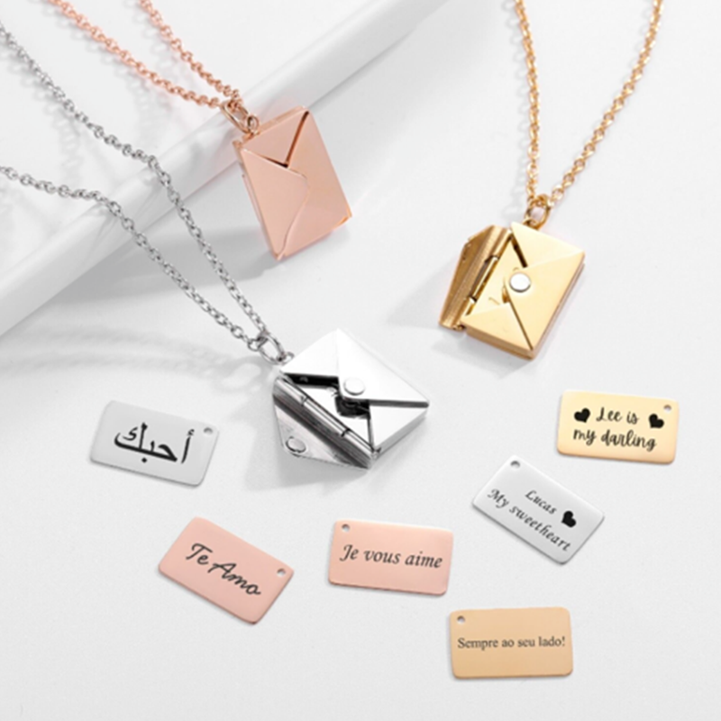 Sterling Silver with Rose Gold Plated Personalized Engraving & Envelope Pendant Necklace-4