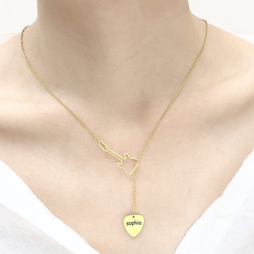 Collar en Y ajustable con forma de corazón de guitarra con grabado personalizado chapado en oro rosa de plata de ley-2