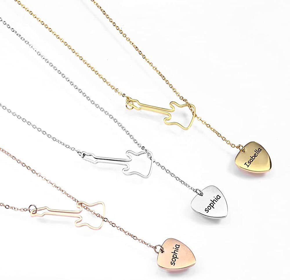 Sterling Zilver met Rose Goud Geplateerd Gepersonaliseerde Gravure & Gitaar & Hart Verstelbare Y Ketting-4