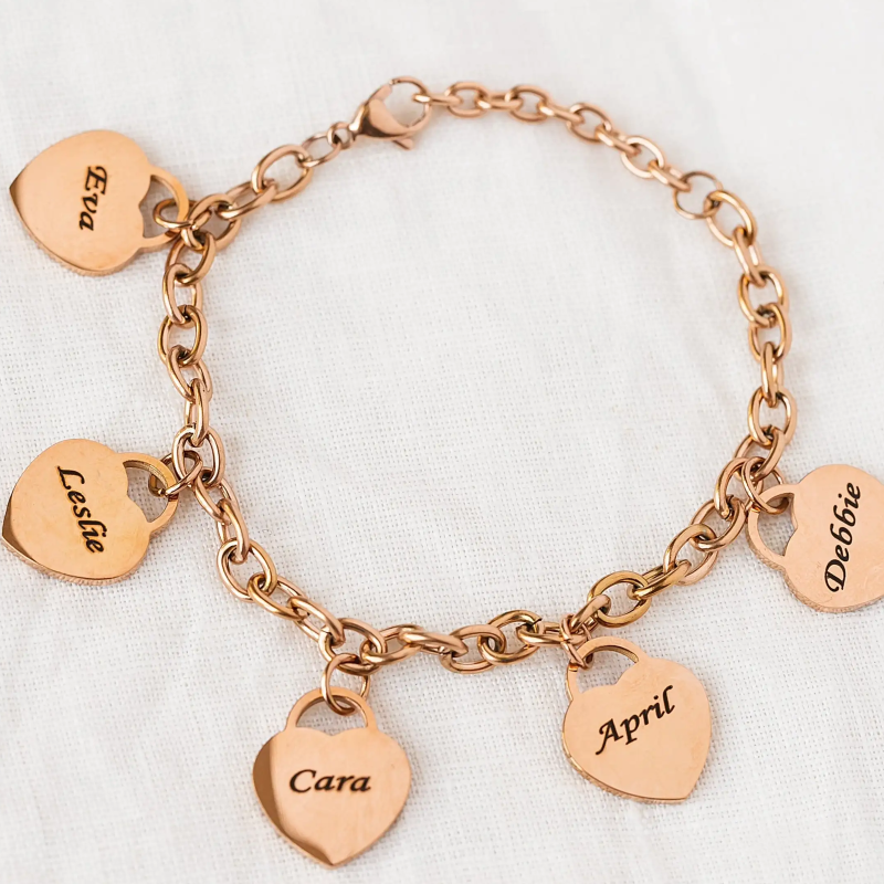 Sterling Silver with Rose Gold Plated Personalized Engraving & Heart Charm Bracelet-3