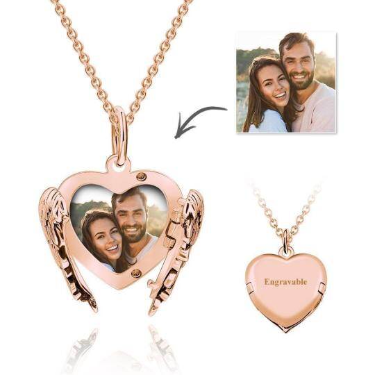 Collana in argento 925 con incisione personalizzata placcata oro rosa e foto personalizzata e medaglione con ali d'angelo personalizzato