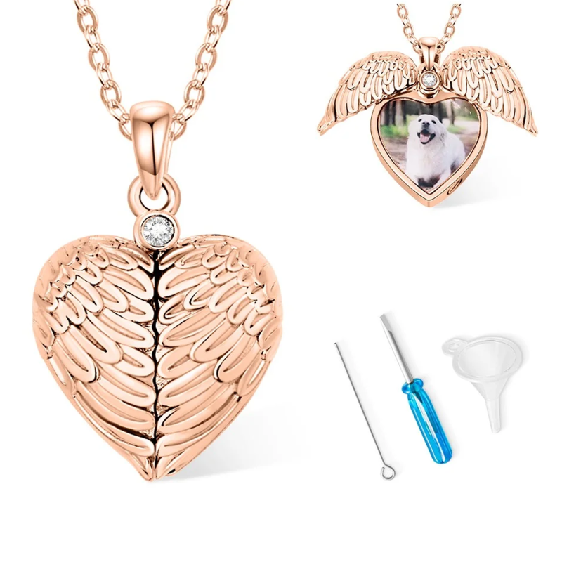 Collar de urna de ala de ángel con foto personalizada de circonita cúbica chapada en oro rosa para cenizas.-1