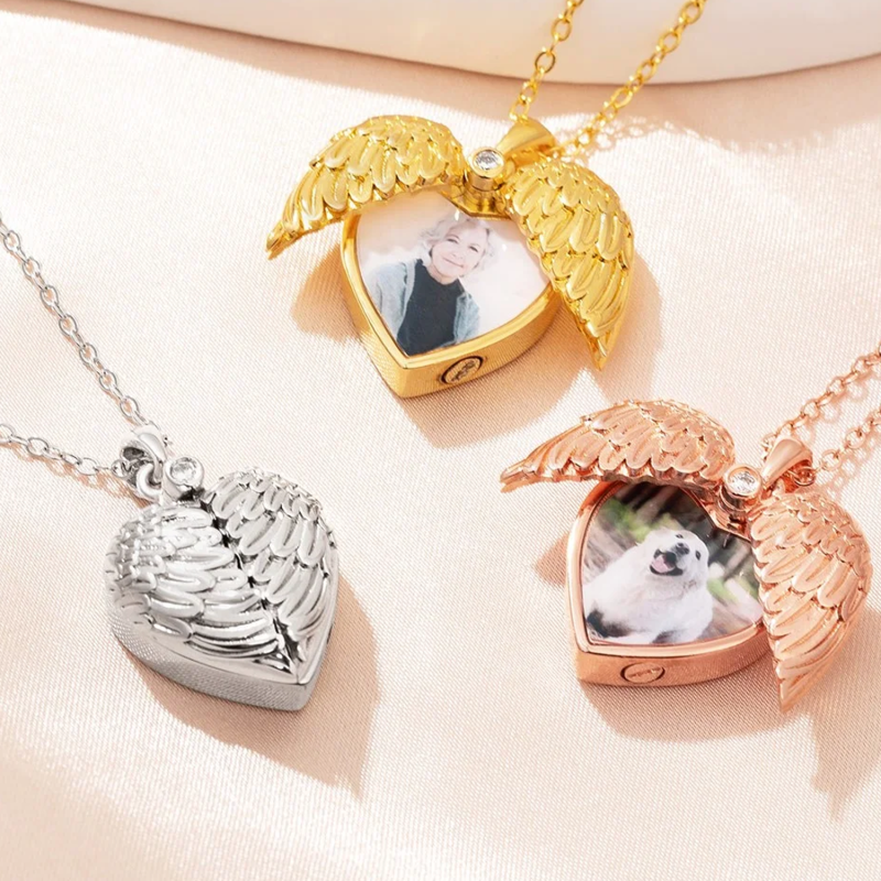 Collar de urna de ala de ángel con foto personalizada de circonita cúbica chapada en oro rosa para cenizas.-2