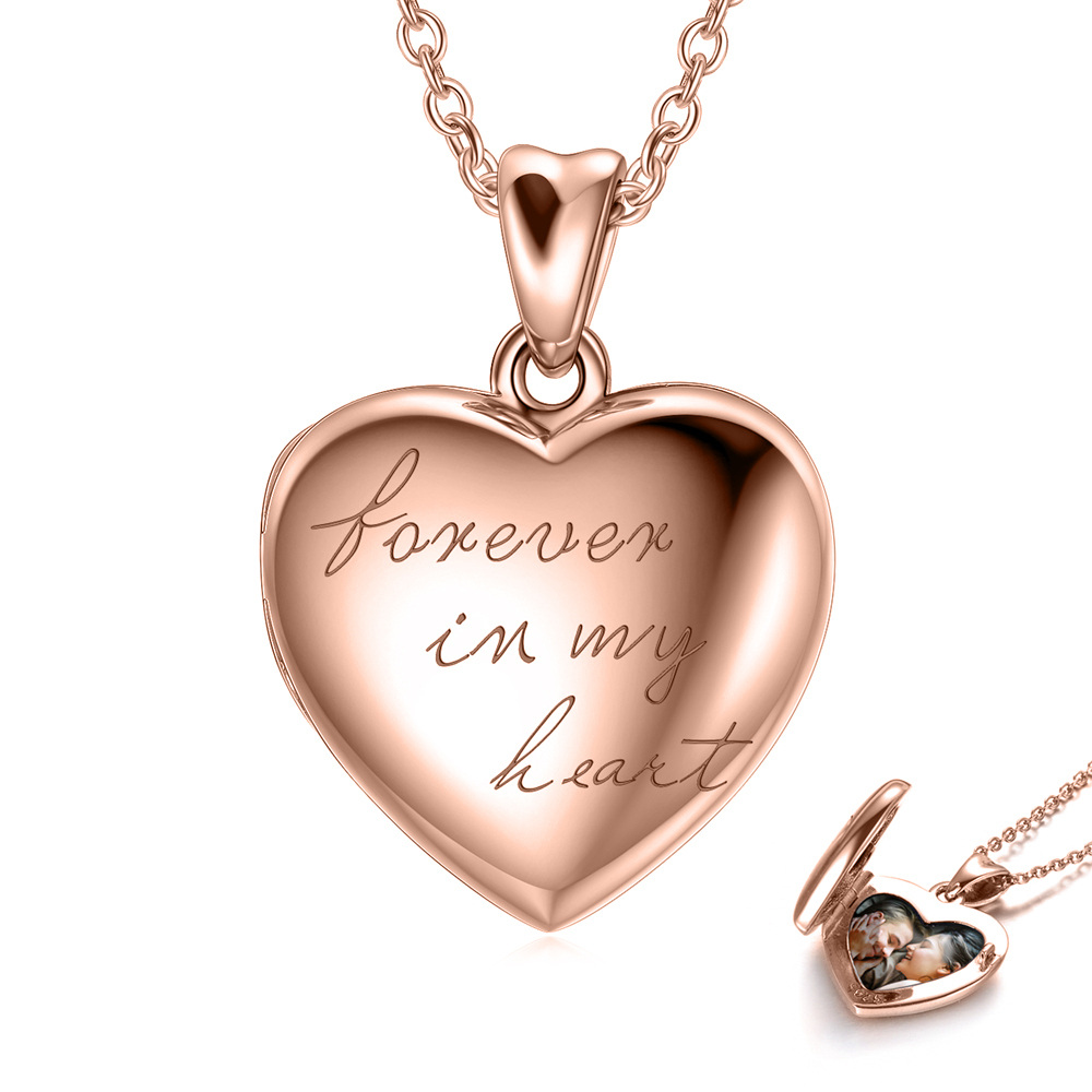 Sterling Silver with Rose Gold Plated Personalized Photo & Heart Personalized Photo Locket Necklace with Engraved Word-1