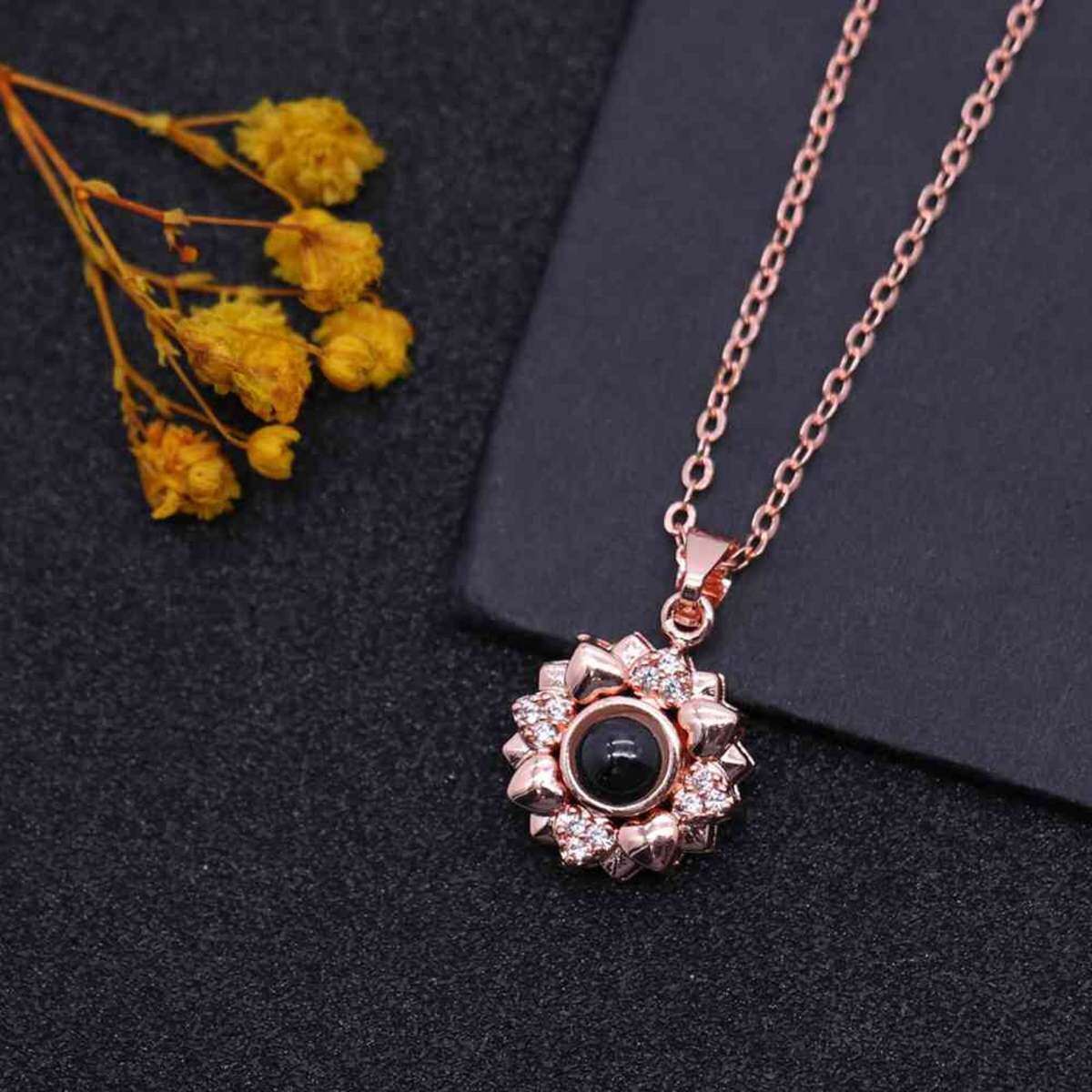 Collar con colgante de girasol de proyección personalizada chapado en oro rosa de plata de ley para mujer mejor amiga-3