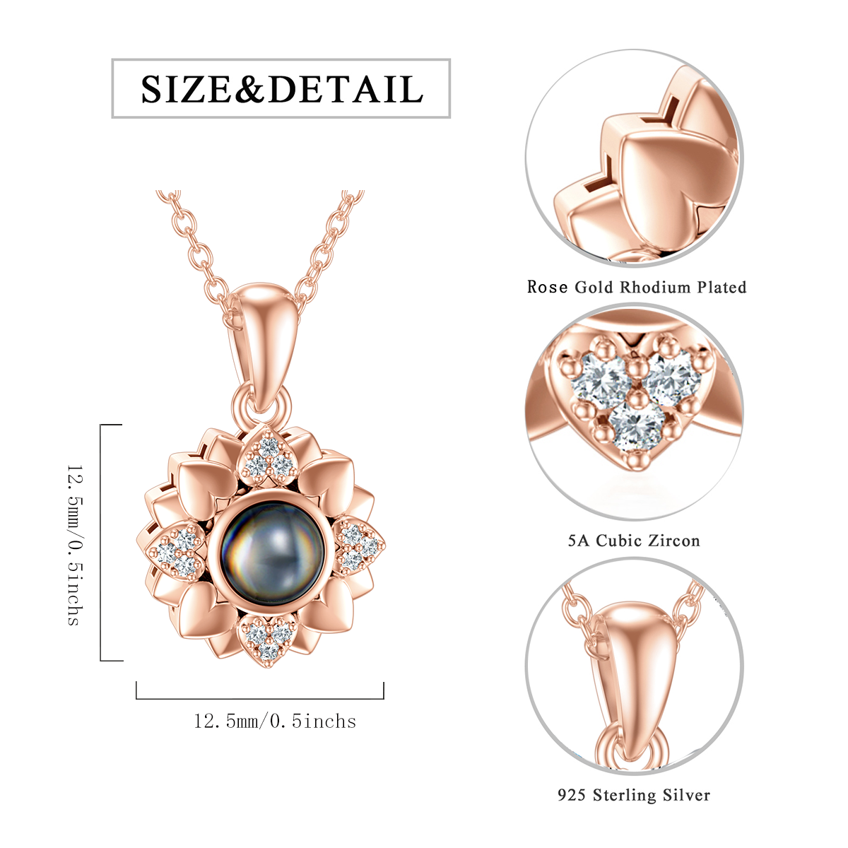 Sterling Silver With Rose Gold Plated Personalized Projection Sunflower Pendant Necklace For Women Best Friend-4