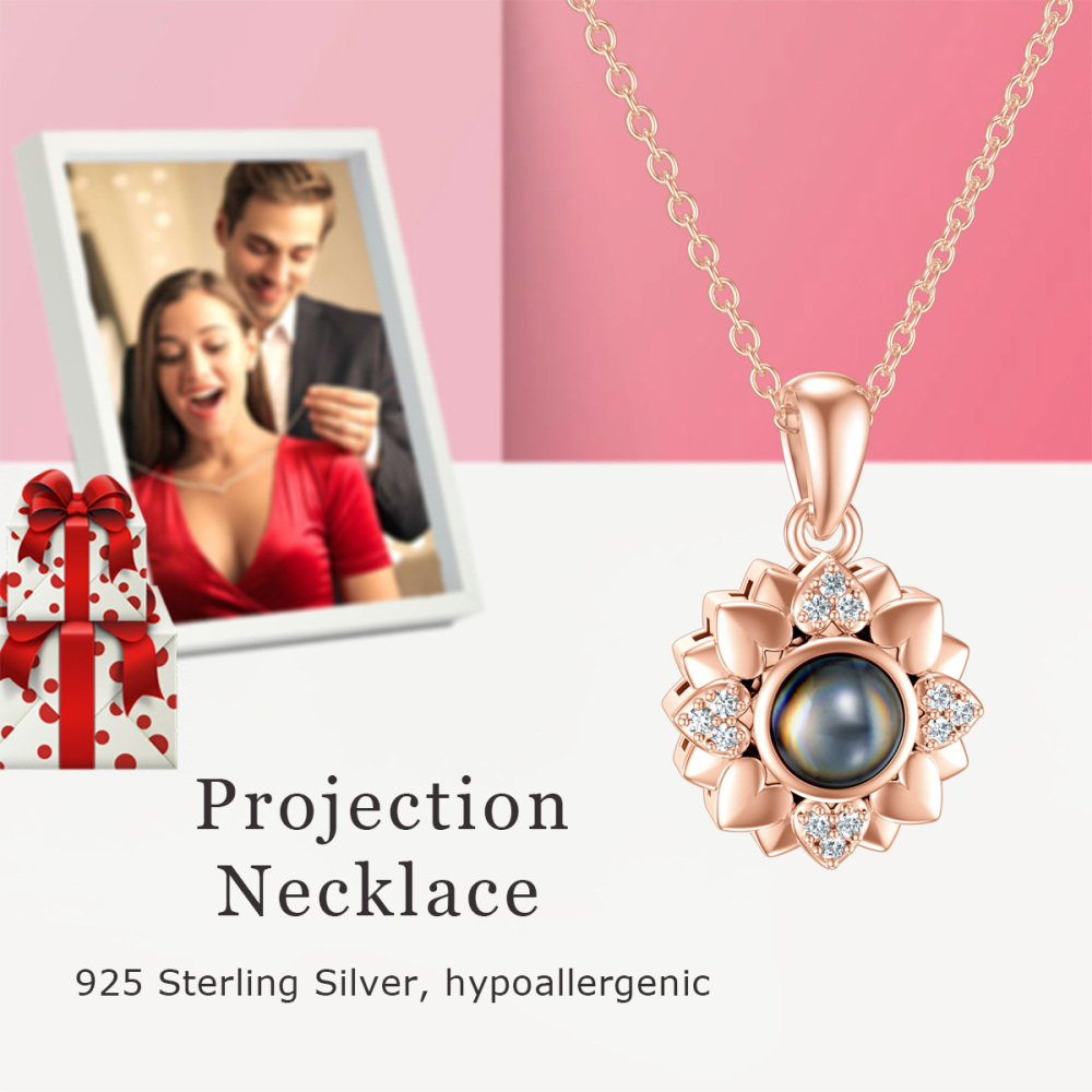 Sterling Silver With Rose Gold Plated Personalized Projection Sunflower Pendant Necklace For Women Best Friend-5