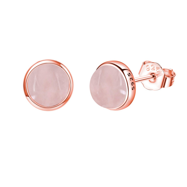 Sterling Silver with Rose Gold Plated Rose Quartz Round Stud Earrings-1