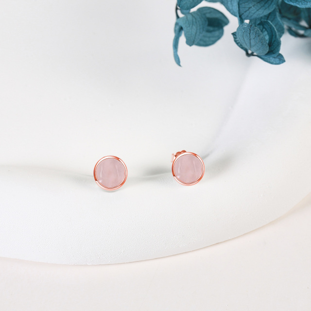 Sterling Silver with Rose Gold Plated Rose Quartz Round Stud Earrings-3