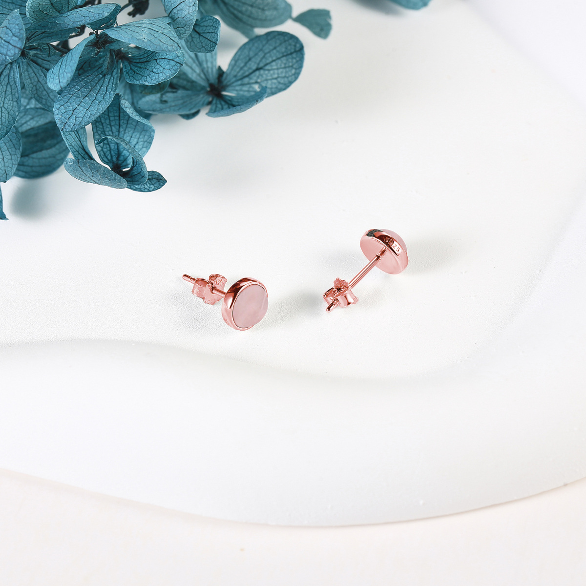 Sterling Silver with Rose Gold Plated Rose Quartz Round Stud Earrings-4